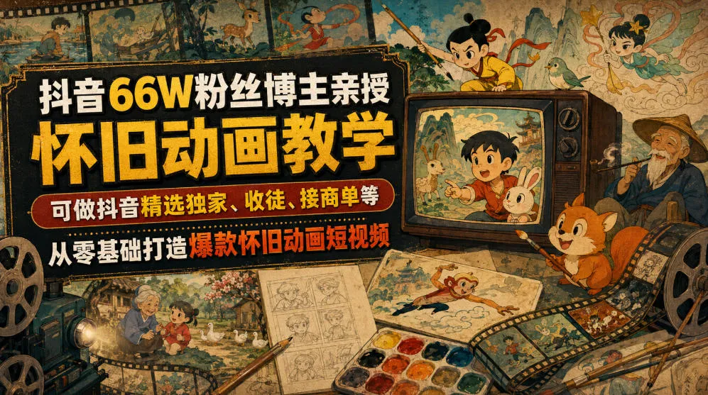 抖音66W粉丝博主亲授怀旧动画教学，可做抖音精选独家、收徒、接商单等，从零基础打造爆款怀旧动画短视频-创客联盟