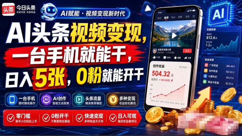 AI头条视频变现，一台手机就能干，日入5张，0粉就能开干-创客联盟