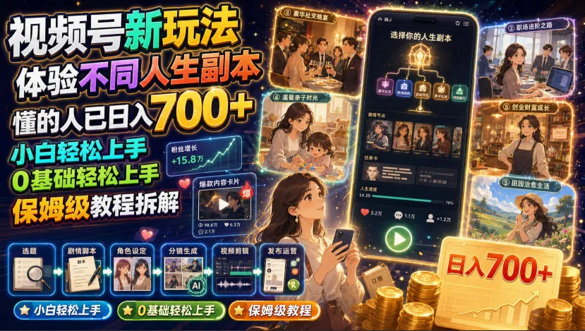 视频号新玩法体验不同人生副本，懂的人已日入700+，小白轻松上手，0基础轻松上手，保姆级教程拆解-创客联盟