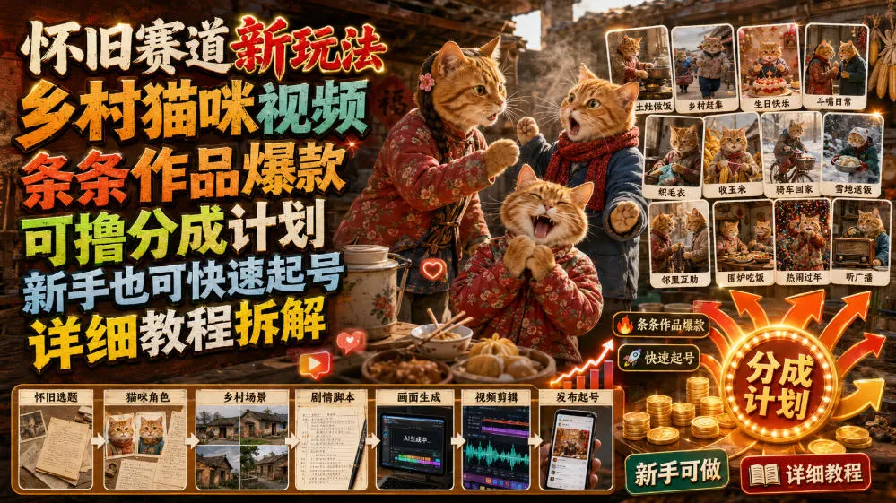 怀旧赛道新玩法，乡村猫咪视频，条条作品爆款，可撸分成计划，新手也可快速起号，详细教程拆解-创客联盟