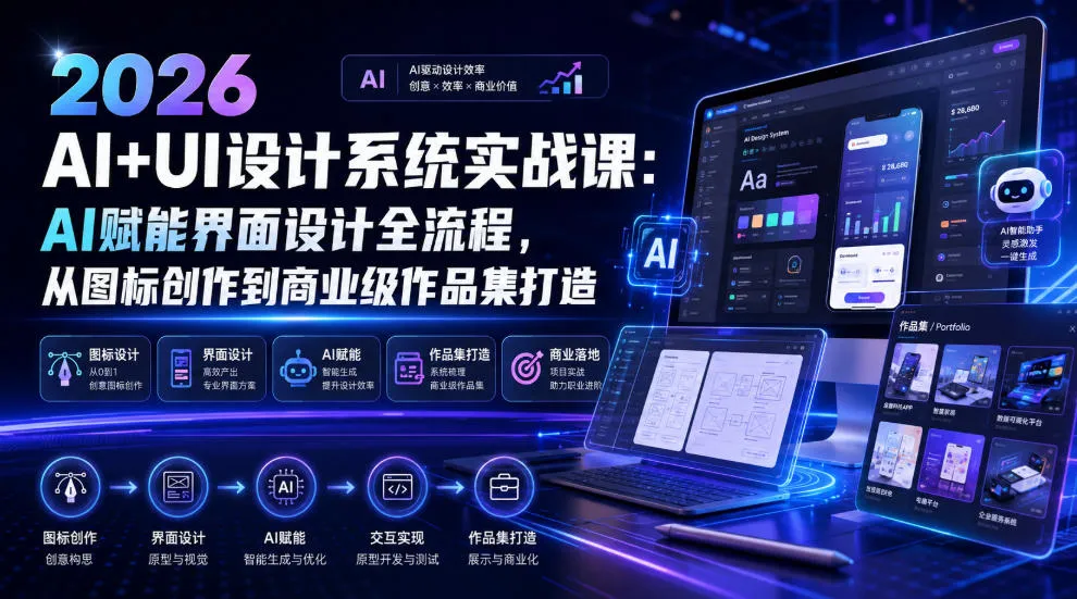 2026 AI+UI设计系统实战课：AI赋能界面设计全流程，从图标创作到商业级作品集打造-创客联盟