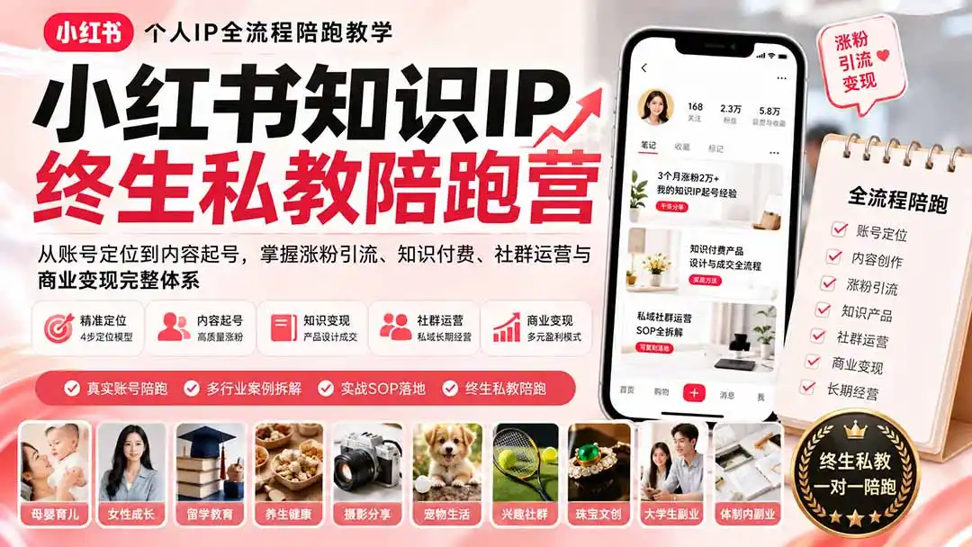 小红书知识IP终生私教陪跑营：从账号定位到内容起号，掌握涨粉引流、知识付费、社群运营与商业变现完整体系-创客联盟