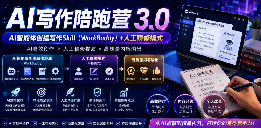 AI写作陪跑营3.0,Ai智能体创建写作skill(workbuddy)+人工手写模式(手搓模式),去除AI痕迹(头条号、公众号、百家号)-创客联盟