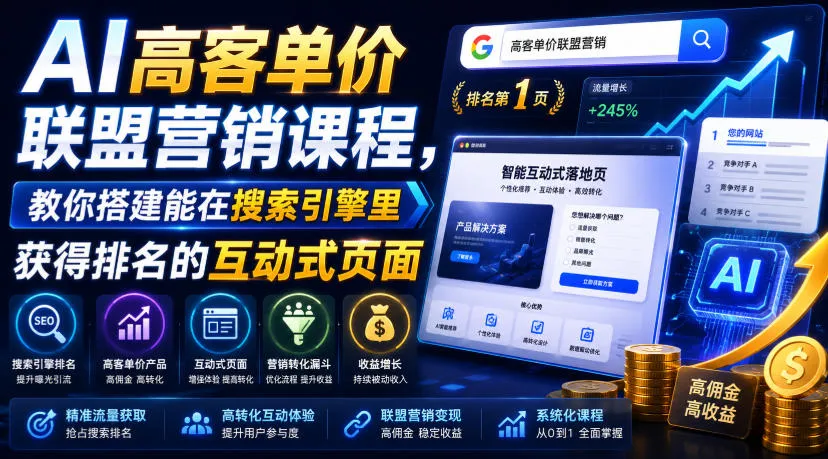 AI高客单价联盟营销课程，教你搭建能在搜索引擎里获得排名的互动式页面，引来流量，把访客转化为高佣金的成交【原创双语字幕】-创客联盟
