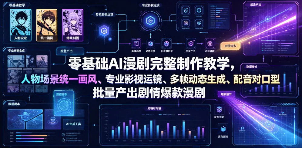 零基础AI漫剧完整制作教学，人物场景统一画风、专业影视运镜、多帧动态生成、配音对口型，批量产出剧情爆款漫剧-创客联盟