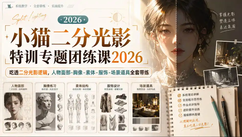 小猫二分光影特训专题团练课2026｜吃透二分光影逻辑，人物面部‑胸像‑素体‑服饰‑场景道具全套带练，高清画质附赠课件与笔刷-创客联盟