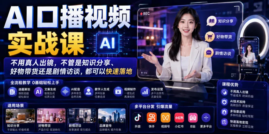 AI口播视频实战课，不用真人出镜，不管是知识分享、好物带货还是剧情访谈，都可以快速落地-创客联盟