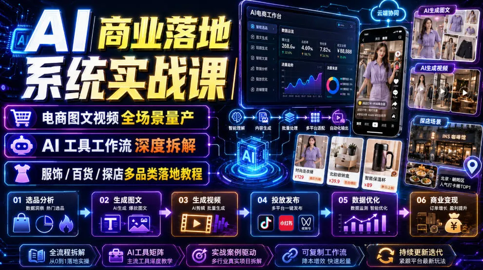 AI商业落地系统实战课｜电商图文视频全场景量产・AI工具工作流深度拆解・服饰/百货/探店多品类落地教程-创客联盟
