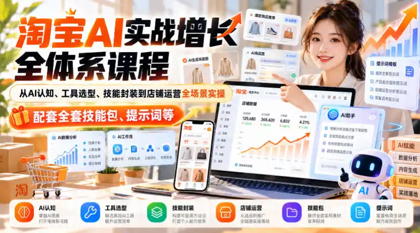 淘宝AI实战增长全体系课程,从AI认知、工具选型、技能封装到店铺运营全场景实操,配套全套技能包、提示词等-创客联盟