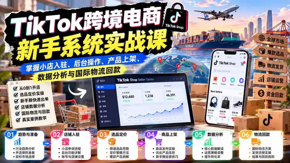 TikTok跨境电商新手系统实战课:掌握小店入驻、后台操作、产品上架、数据分析与国际物流回款-创客联盟