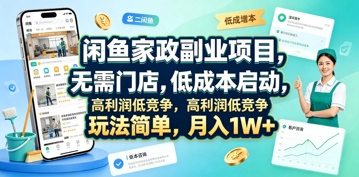 闲鱼家政副业项目，无需门店，低成本启动，高利润低竞争，玩法简单，月入1W+-创客联盟