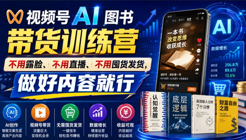 视频号AI图书带货训练营，不用露脸、不用直播、不用囤货发货，做好内容就行，一条爆款视频佣金8942-创客联盟