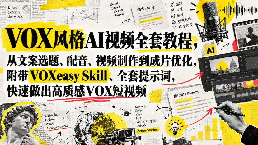 VOX风格AI视频全套教程,从文案选题、配音、视频制作到成片优化,附带VOXeasy Skill、全套提示词,快速做出高质感VOX短视频-创客联盟