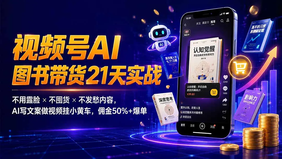 繁花视频号AI图书带货21天实战：不用露脸×不囤货×不发愁内容，AI写文案做视频挂小黄车，佣金50%+爆单-创客联盟