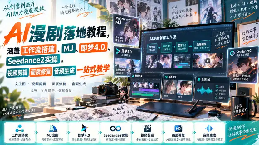AI漫剧落地教程，涵盖工作流搭建、MJ、即梦4.0、Seedance2实操，视频剪辑画质修复音频生成一站式教学-创客联盟