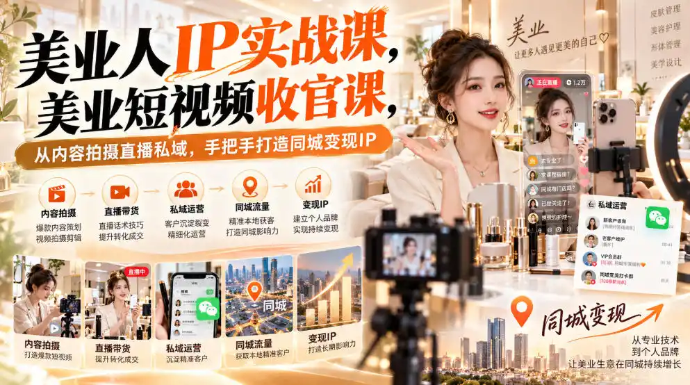 【无水印】美业人IP实战课,美业短视频收官课,从内容拍摄直播私域,手把手打造同城变现IP-创客联盟