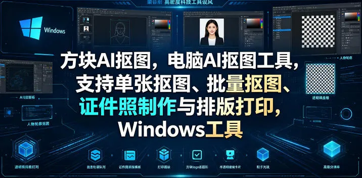 方块AI抠图，电脑AI抠图工具，支持单张抠图、批量抠图、证件照制作与排版打印，Windows工具-创客联盟