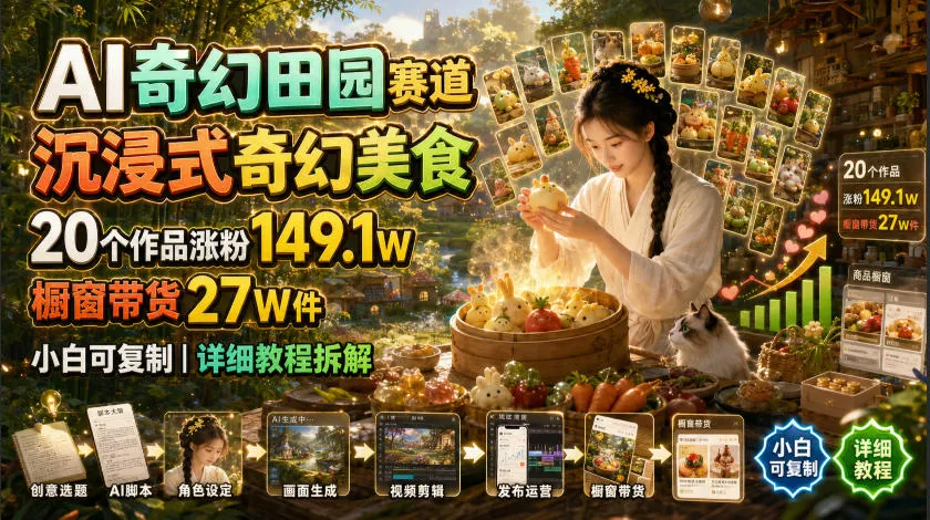 AI奇幻田园赛道，沉浸式奇幻美食，20个作品涨粉149.1W，橱窗带货27W件，小白可复制，详细教程拆解-创客联盟