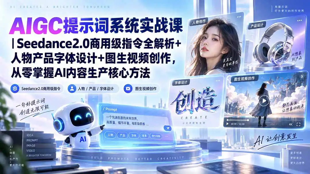 AIGC提示词系统实战课-无水印|Seedance2.0商用级指令全解析+人物产品字体设计+图生视频创作,掌握AI内容生产方法-创客联盟