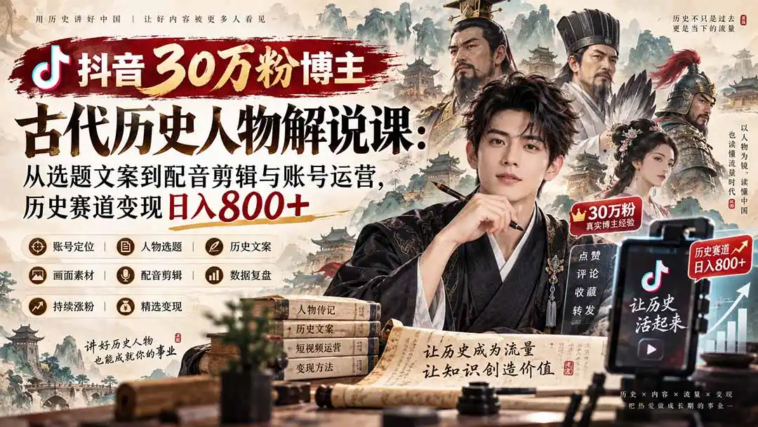 抖音30万粉博主古代历史人物解说课：从选题文案到配音剪辑与账号运营，历史赛道变现日入800+-创客联盟