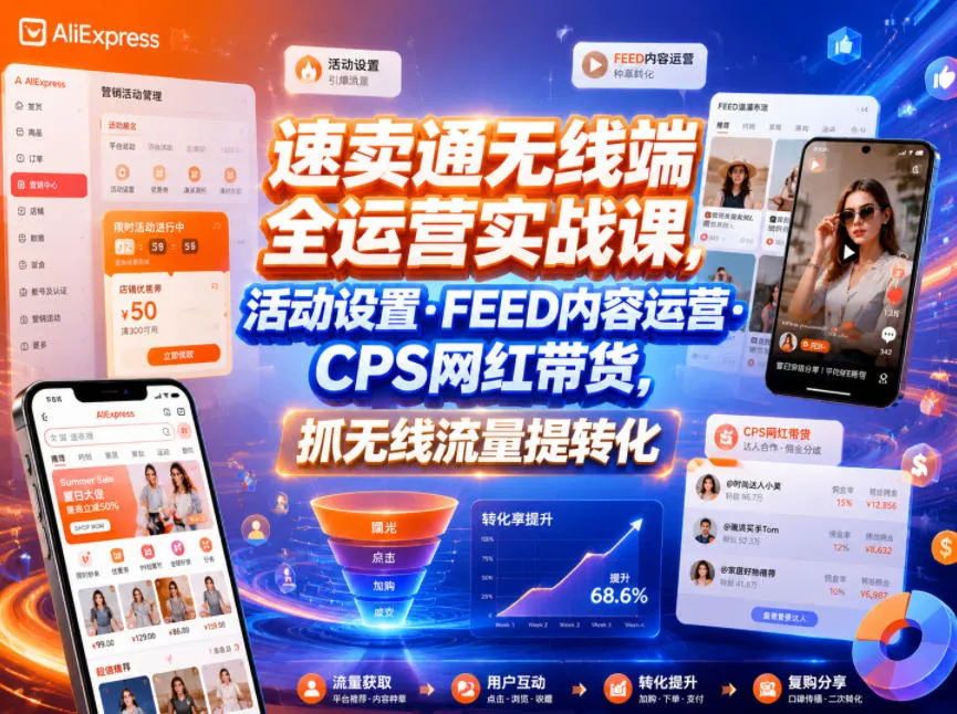 速卖通无线端全运营实战课,活动设置・FEED内容运营・CPS网红带货,抓无线流量提转化-云网创