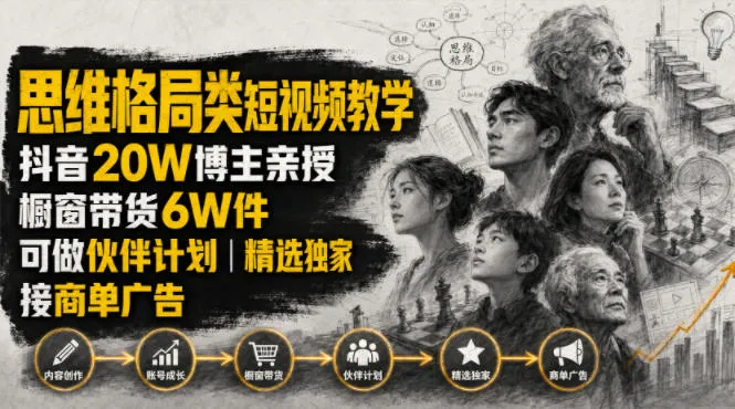 人性思维格局类短视频教学，抖音20W博主亲授，橱窗带货6W件，可做伙伴计划、精选独家、接商单广告-创客联盟