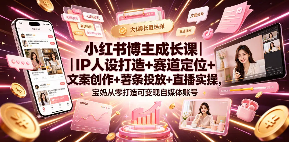 小红书博主成长课｜IP人设打造+赛道定位+文案创作+薯条投放+直播实操，宝妈从零打造可变现自媒体账号-创客联盟
