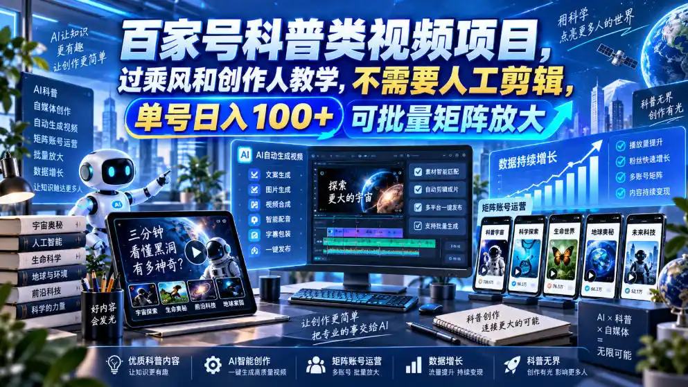 百家号科普类视频项目,过乘风和创作人教学,不需要人工剪辑,单号日入100+可批量矩阵放大-创客联盟