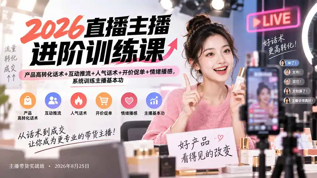 2026直播主播进阶训练课:产品高转化话术+互动推流+人气话术+开价促单+情绪播感,系统训练主播基本功-创客联盟