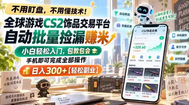 全球游戏CS2饰品交易平台自动批量捡漏賺米,小白轻松入门,包教包会,手机即可完成全部操作,日入300+【揭秘】-创客联盟