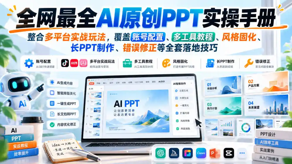 全网最全AI原创PPT实操手册,整合多平台实战玩法,覆盖账号配置、多工具教程、风格固化、长PPT制作、错误修正等全套落地技巧-创客联盟