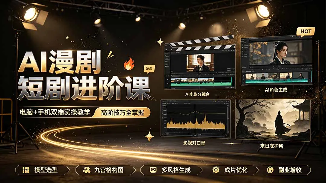 AI漫剧短剧进阶课｜电脑+手机双端实操教学｜影视剧对口型人物吃瓜×解压末日庇护所全程讲解，高阶技巧全掌握-创客联盟