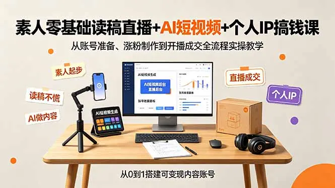 素人零基础读稿直播+AI短视频+个人IP搞钱课，从账号准备、涨粉制作到开播成交全流程实操教学-创客联盟