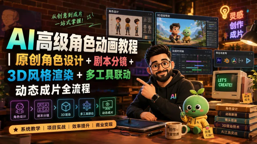 AI高级角色动画教程｜原创角色设计+剧本分镜+3D风格渲染+多工具联动动态成片全流程【中英字幕】-创客联盟
