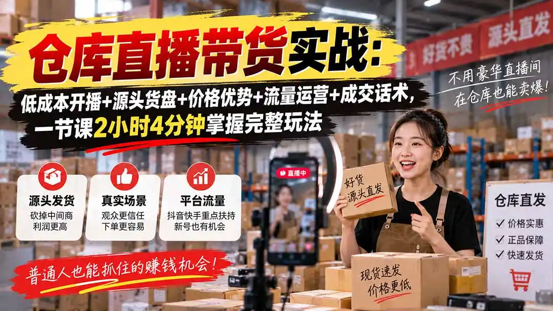 仓库直播带货实战:低成本开播+源头货盘+价格优势+流量运营+成交话术,一节课2小时4分钟掌握完整玩法-创客联盟