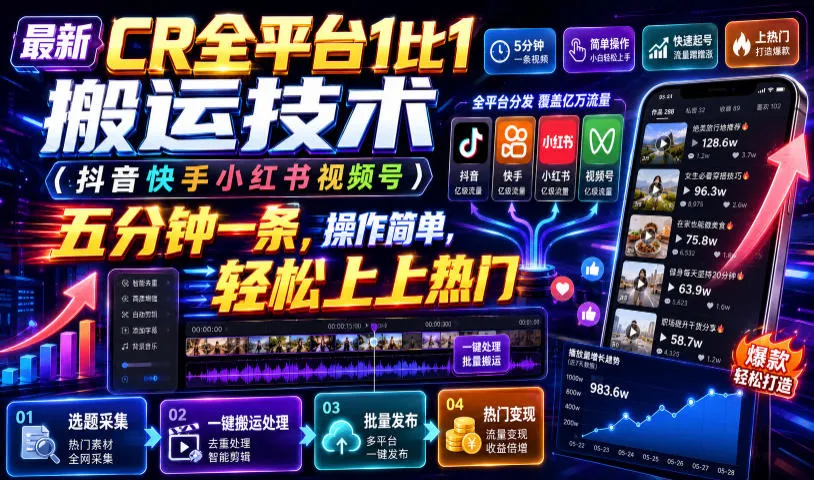 最新CR全平台1比1搬运技术(抖音快手小红书视频号)五分钟分钟一条，操作简单，轻松上热门(教程+软件+参数)-创客联盟