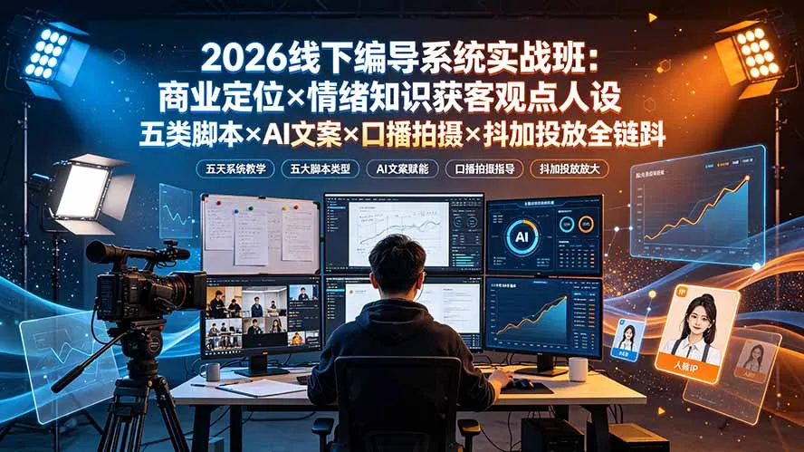 2026线下编导系统实战班：商业定位×情绪知识获客观点人设五类脚本×AI文案×口播拍摄×抖加投放全链路-创客联盟