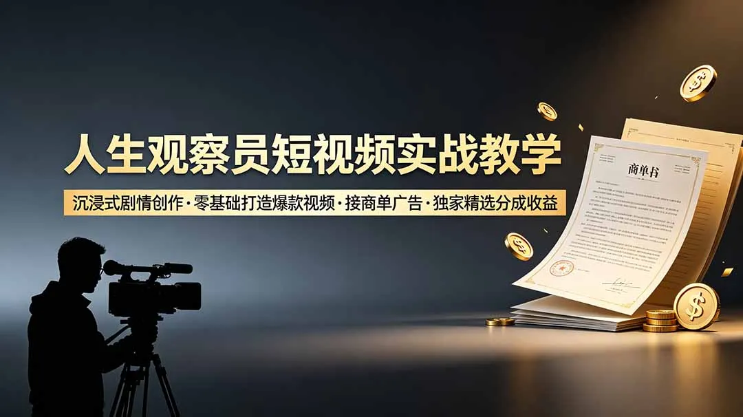 人生观察员短视频实战教学，沉浸式剧情创作，零基础打造爆款视频，接商单广告，独家精选分成收益-创客联盟