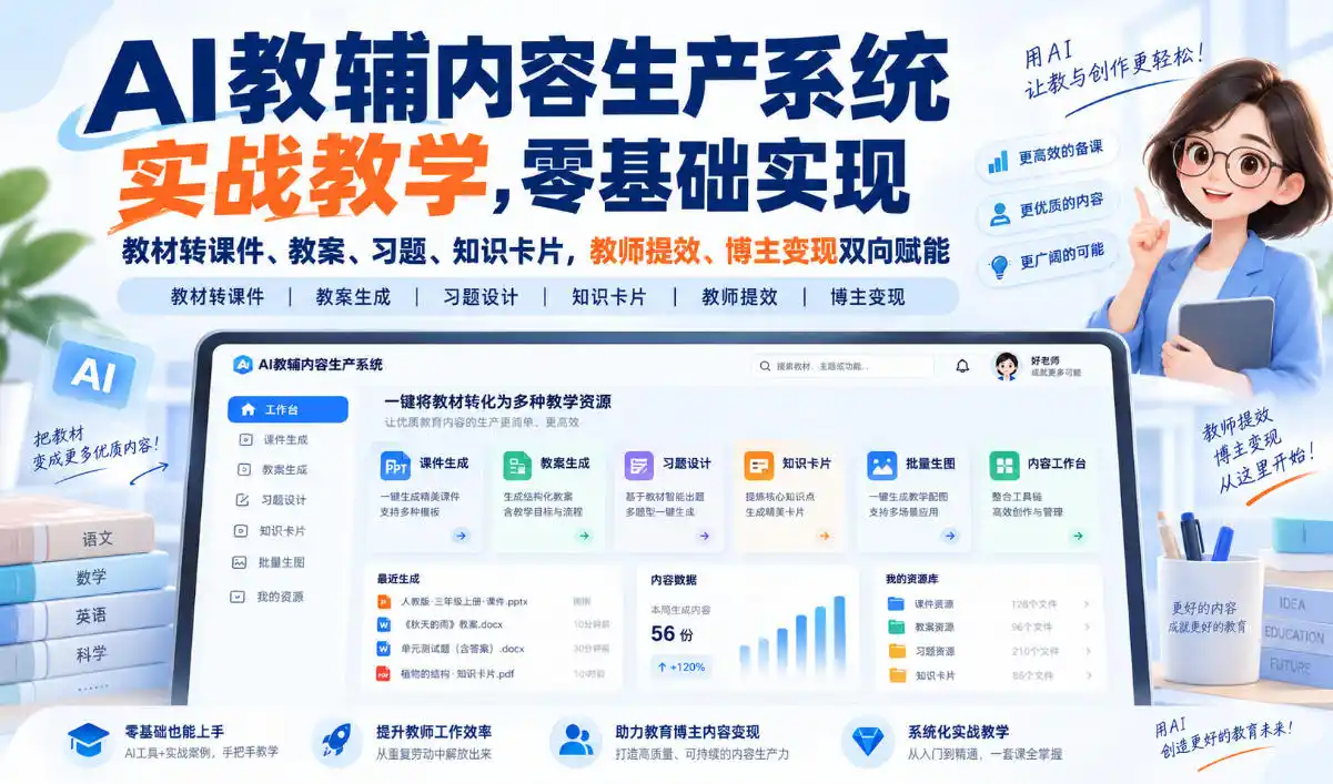 AI教辅内容生产系统实战教学,零基础实现教材转课件、教案、习题、知识卡片,教师提效、博主变现双向赋能-创客联盟