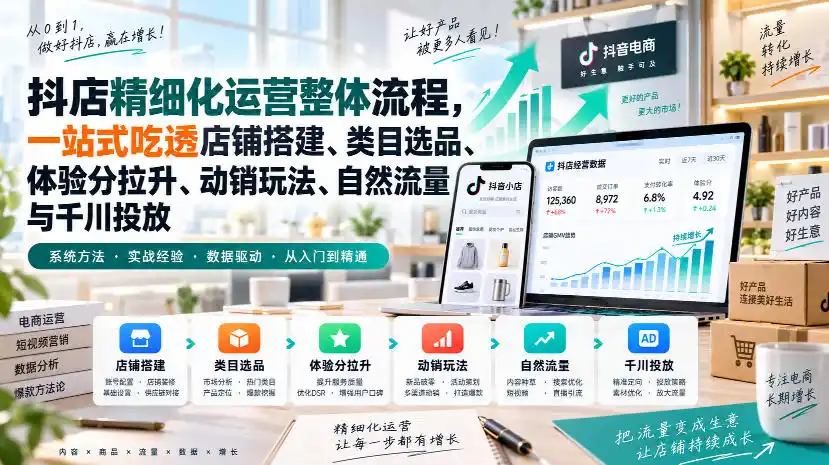 李哥电商-抖店精细化运营整体流程，一站式吃透店铺搭建、类目选品、体验分拉升、动销玩法、自然流量与千川投放-创客联盟