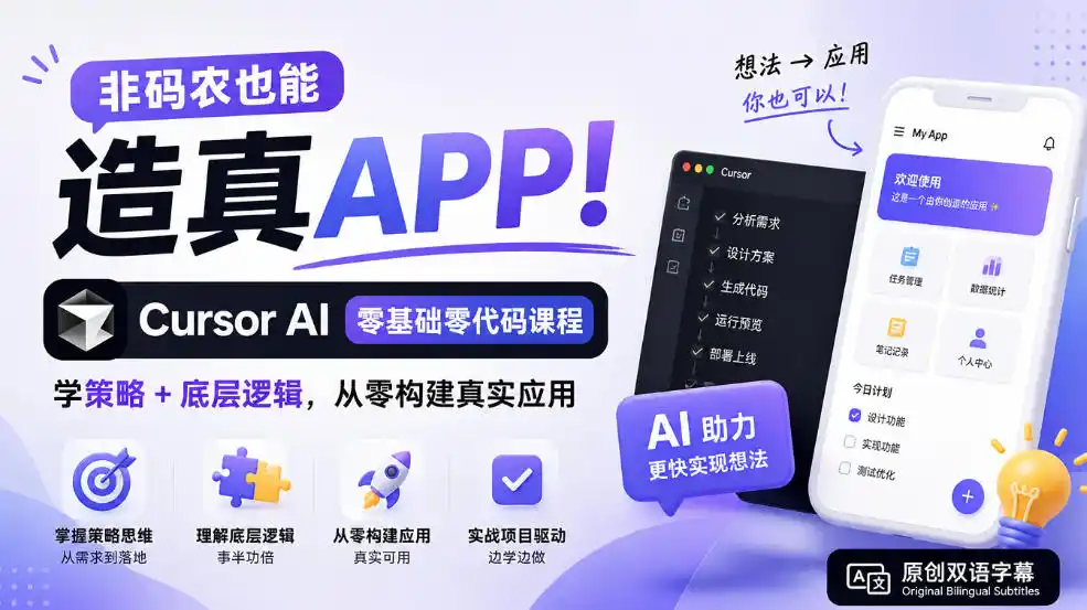 非码农也能造真APP！Cursor AI零基础零代码课程：学策略+底层逻辑，从零构建真实应用【原创双语字幕】-创客联盟