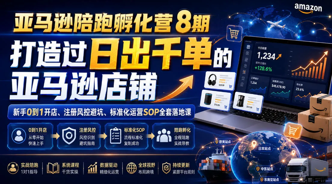 亚马逊陪跑孵化营8期，打造过日出千单的亚马逊店铺，新手0到1开店、注册风控避坑、标准化运营SOP全套落地课-创客联盟