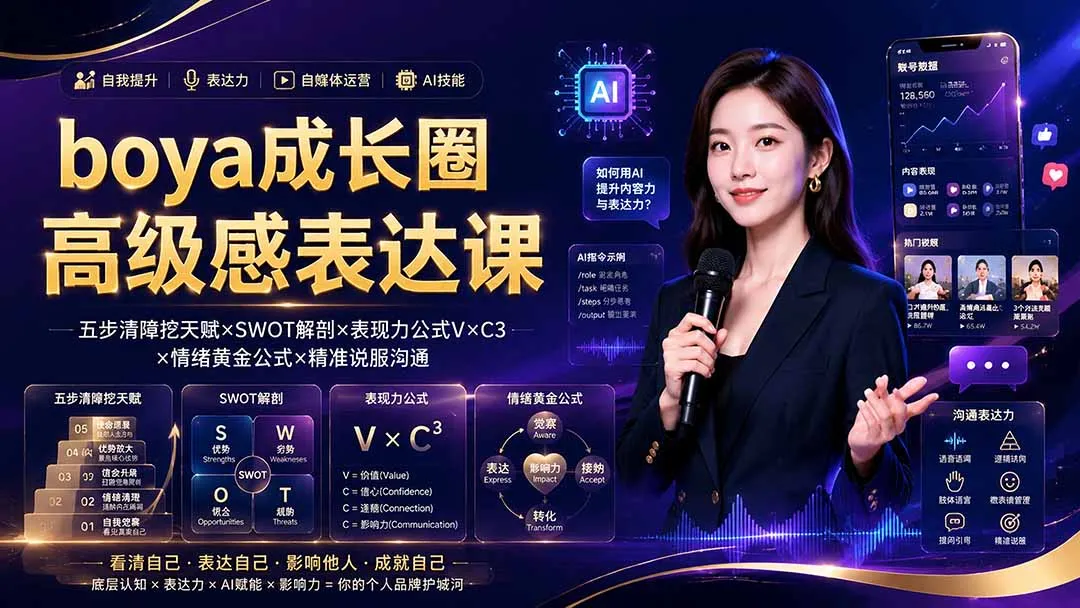 boya成长圈｜内心成长高级表达AI自媒体三合一，消解内耗挖掘天赋，镜头沟通AI指令短视频全流程教学-创客联盟
