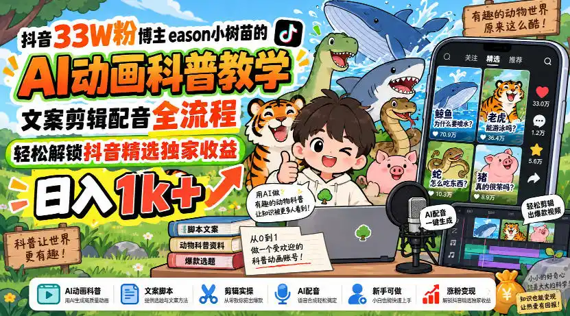 抖音33W粉博主eason小树苗的AI动画科普教学,文案剪辑配音全流程,轻松解锁抖音精选独家收益,日入1k+-创客联盟