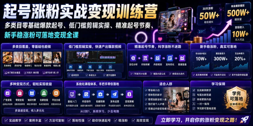 苗子起号涨粉实战变现训练营，多类目零基础爆款起号、精准起号节奏、新手稳涨粉可落地变现全课-创客联盟