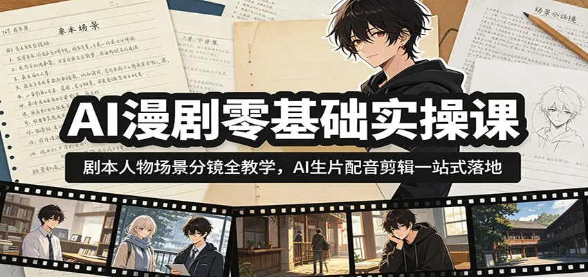 AI漫剧零基础实操课:剧本人物场景分镜全教学,AI生片配音剪辑一站式落地-云网创