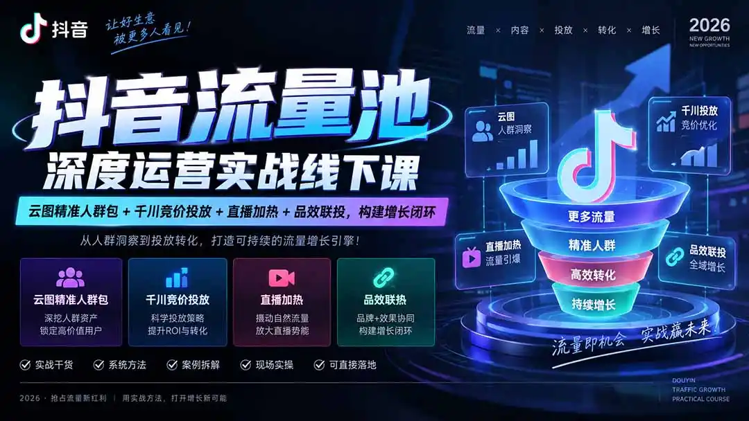 抖音流量池深度运营实战线下课|云图精准人群包+千川竞价投放+直播加热+品效联投,构建增长闭环-创客联盟