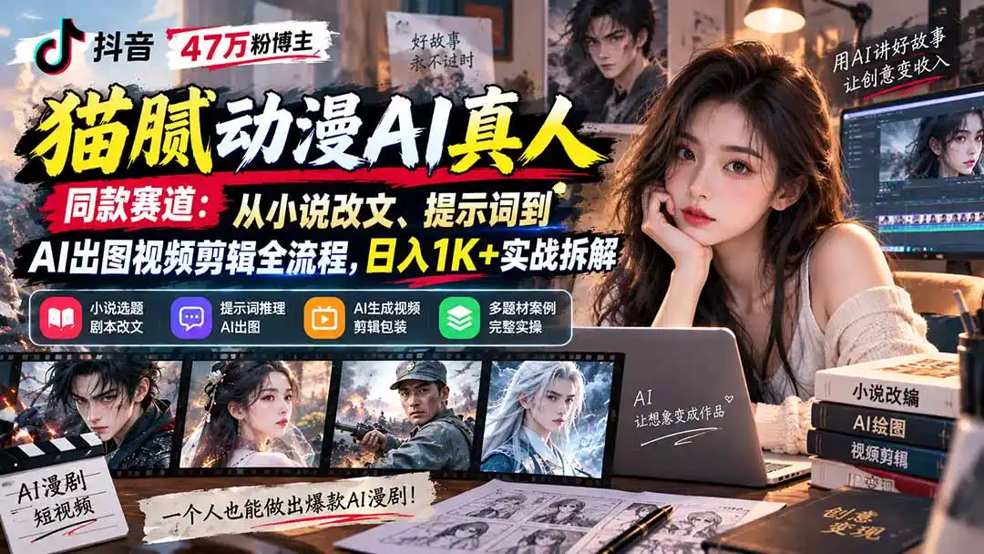 抖音47万粉博主猫腻动漫AI真人同款赛道：从小说改文、提示词到AI出图视频剪辑全流程，日入1K+实战拆解-创客联盟