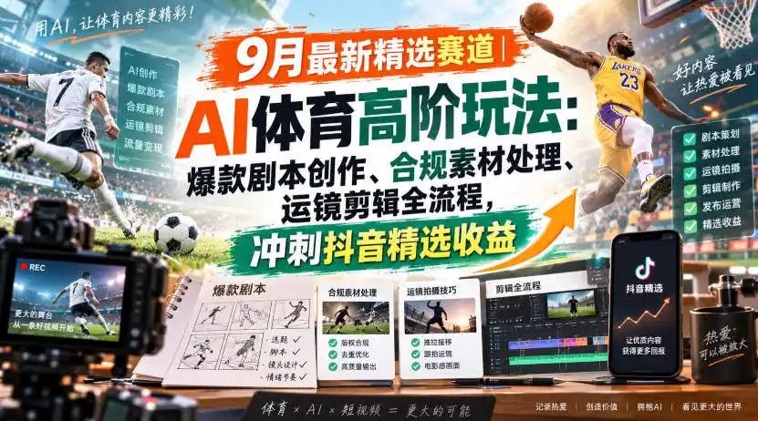 某大佬的9月最新精选赛道之AI体育顶级玩法,爆款剧本创作、版权规避、运镜剪辑全流程,稳拿抖音精选收益-创客联盟