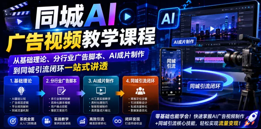 同城AI广告视频教学课程，从基础理论、分行业广告脚本、AI成片制作到同城引流闭环一站式讲透-创客联盟